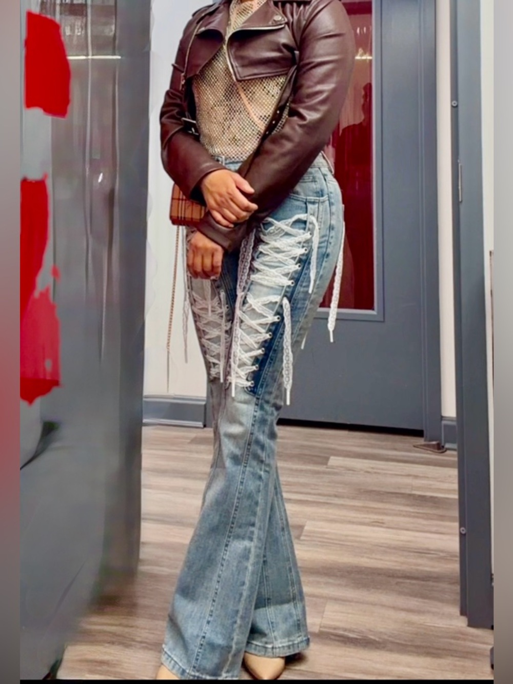 AKIRA Light Wash Lace-Up Flare Jeans